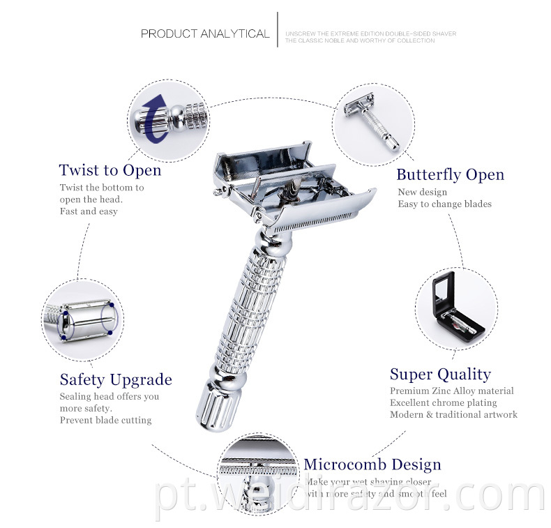 Barbeador de barbear de segurança de borda dupla com lâmina dupla Classic masculino Twist Butterfly cabeça aberta com 1 lâmina de platina sueca 1 espelho